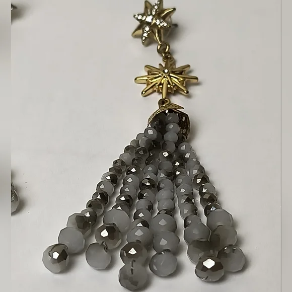 Gold Star Tassel Earrings with Gray Glass Beaded Strands - Picture 5 of 13
